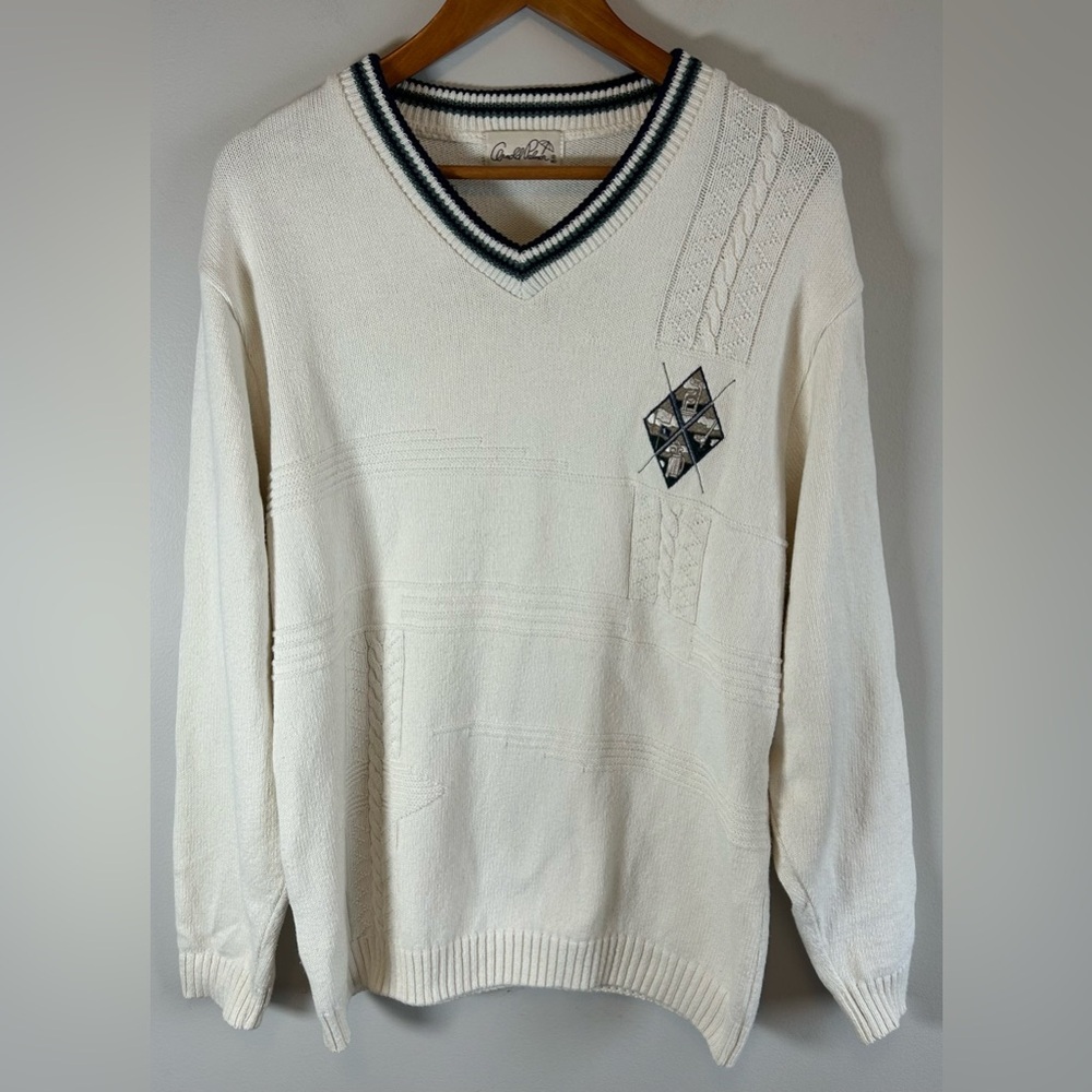 Vintage Arnold Palmer Pullover Sweater Cable Knit Embroidered Patch V Neck M/L